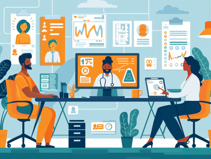 Two healthcare professionals in an office, reviewing patient data on a computer and tablet, with a telehealth consultation.