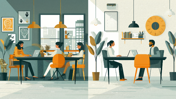 A group of people are sitting at tables in an office.