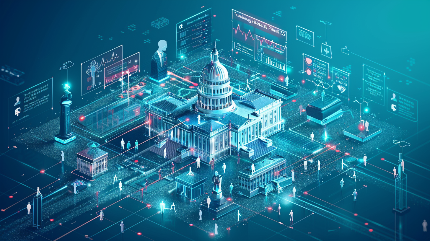 An isometric view of a capitol building surrounded by people.