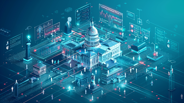 An isometric view of a capitol building surrounded by people.