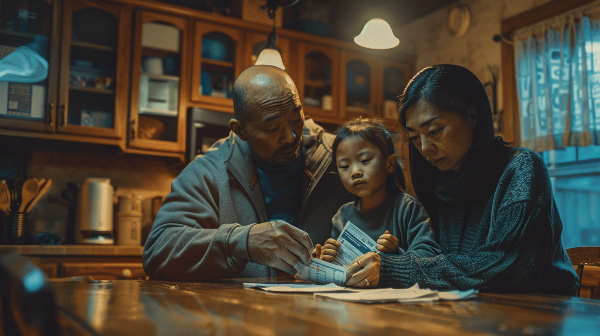 A man , woman and child are sitting at a table in a kitchen.