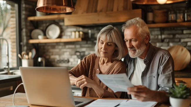 Older couple reviewing paperwork and laptop in their kitchen.