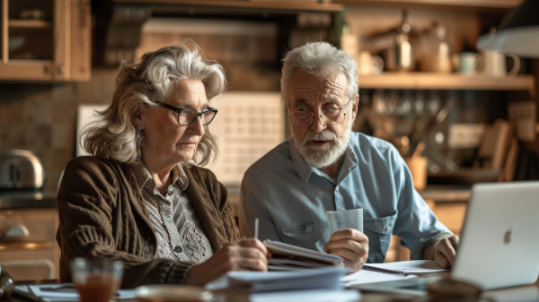 Elderly couple reviewing Medicare documents at a kitchen table, using a laptop.