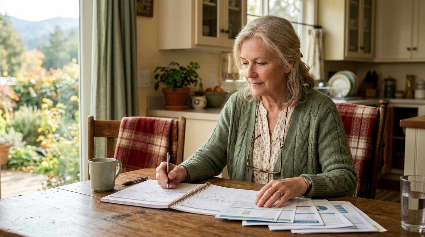 A person with gray hair wearing a green cardigan sits at a wooden table, writing on papers in a bright kitchen.