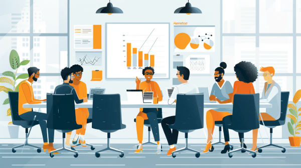 Business meeting with diverse group, presenting data on screen, office setting.