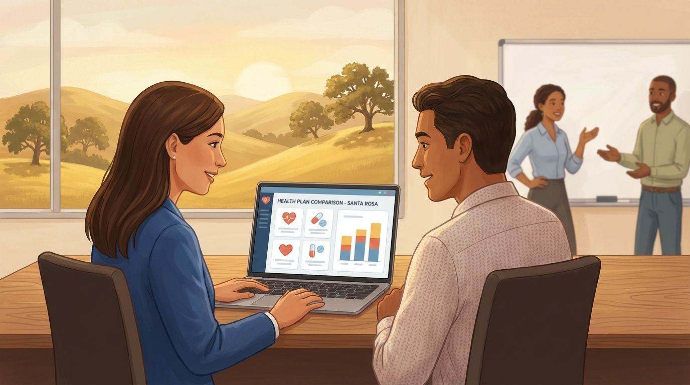 Two people review a laptop displaying health metrics, with coworkers in the background. Scenic view outside window.
