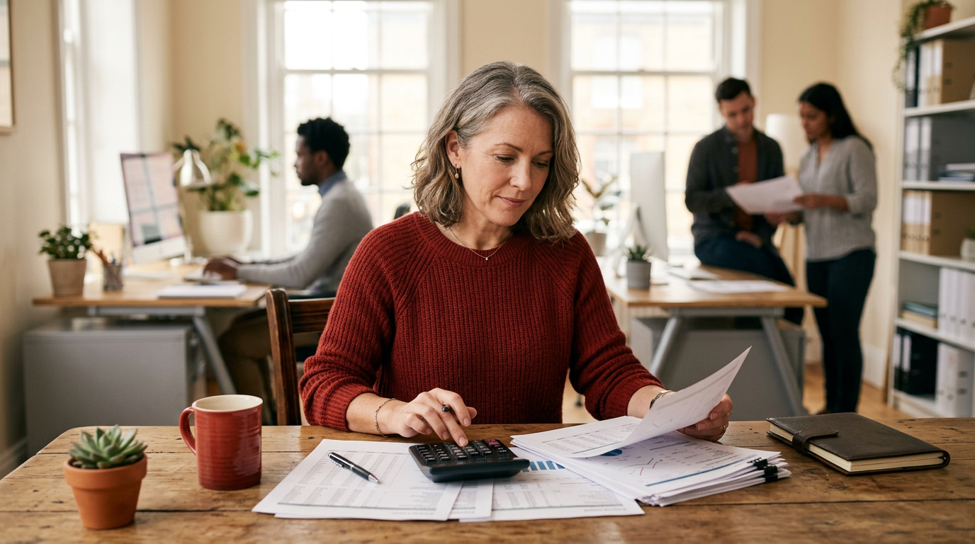 A person works at a wooden desk with a calculator and documents, while colleagues work in the background of an office.