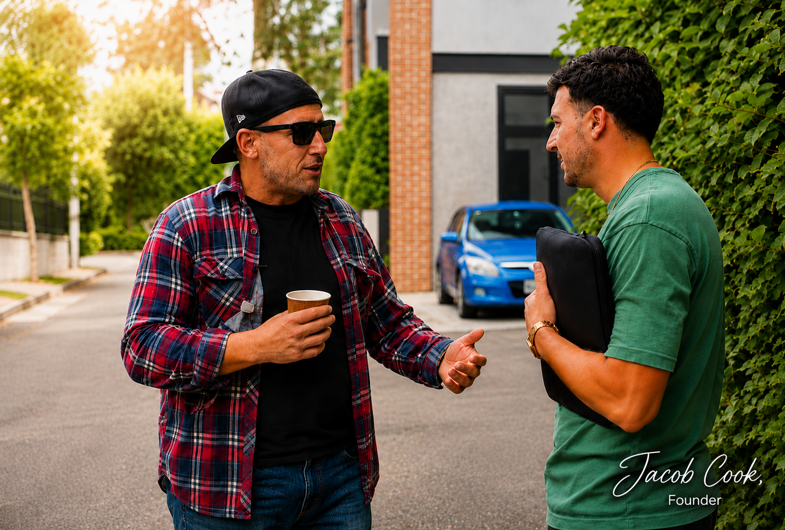 Jacob Cook with an NDIS participant with a coffee, chatting on a Melbourne street