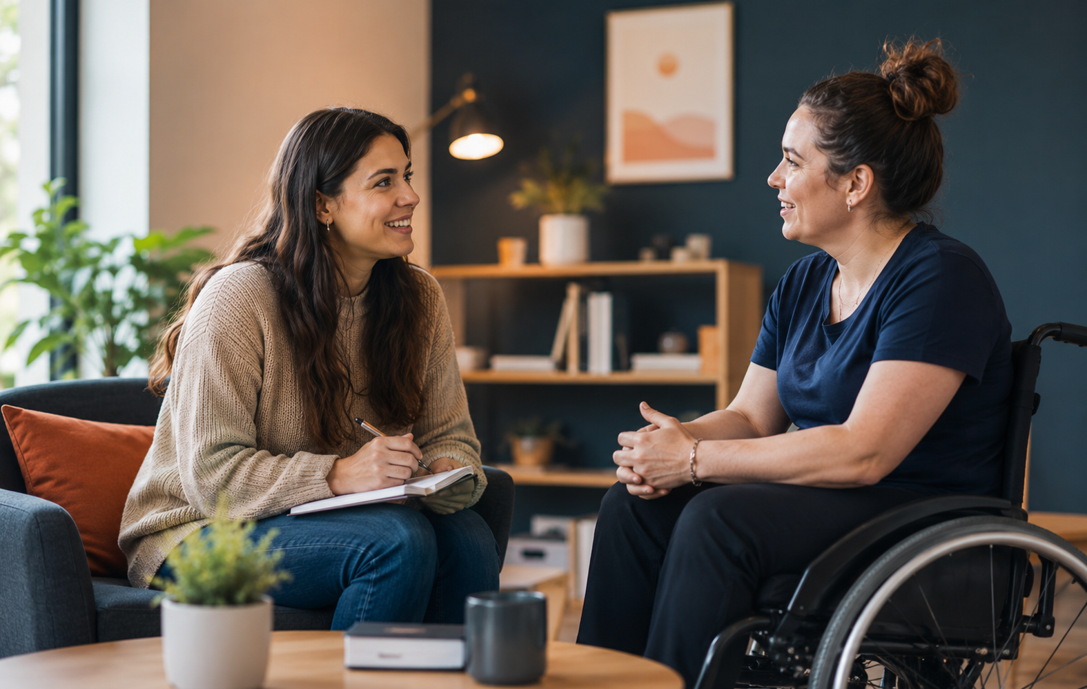 Support coordinator in Melbourne sitting with NDIS participant in a wheelchair discussing goals