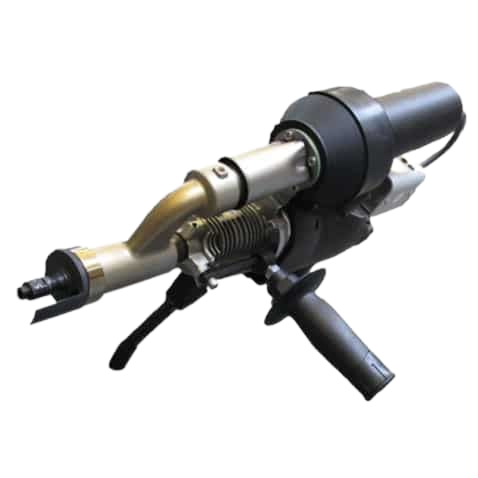 Pistola de soldar de plástico, color gris y negro, con mango, boquilla y elemento calefactor.