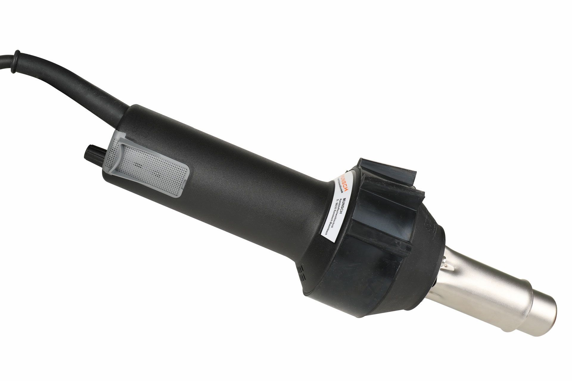 Pistola de calor negra con boquilla plateada, inclinada hacia la derecha.