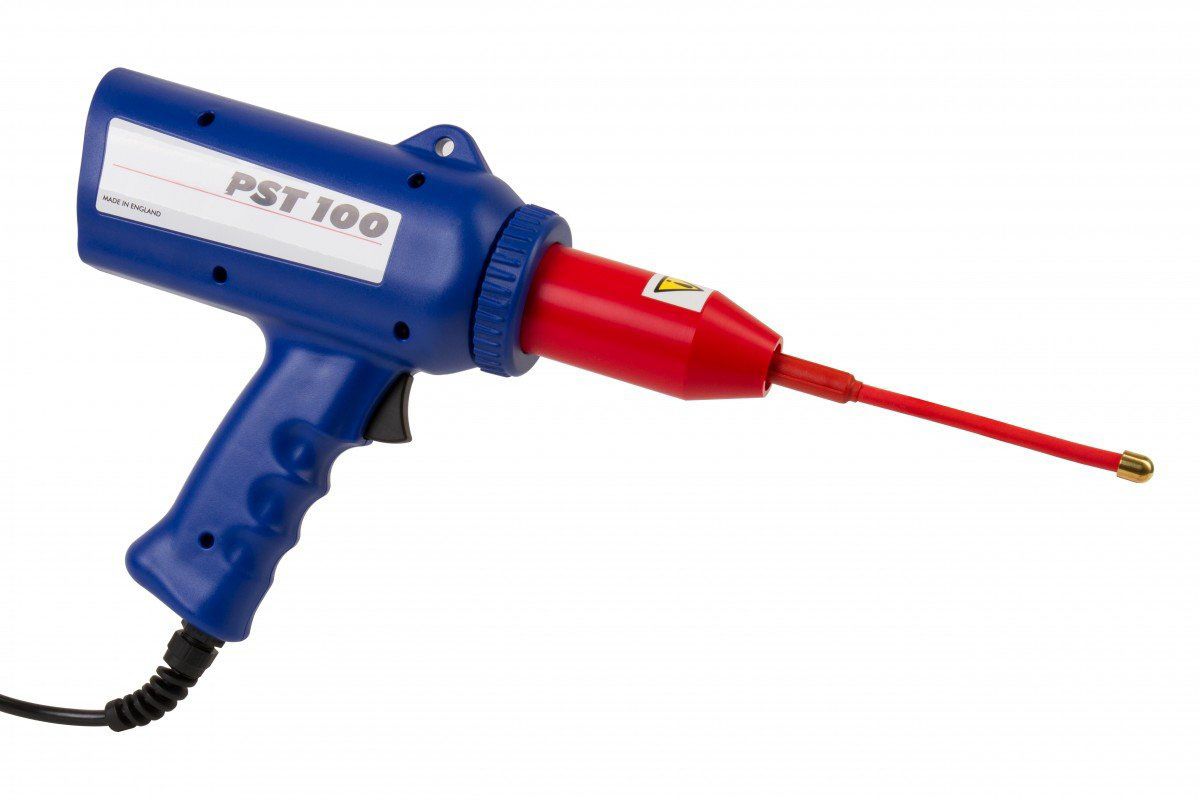 Pistola de calor PST 100 azul y roja con boquilla larga y cable de alimentación.