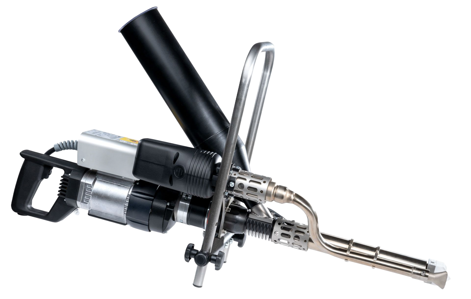 Martillo de demolición plateado y negro con cañón largo de metal.