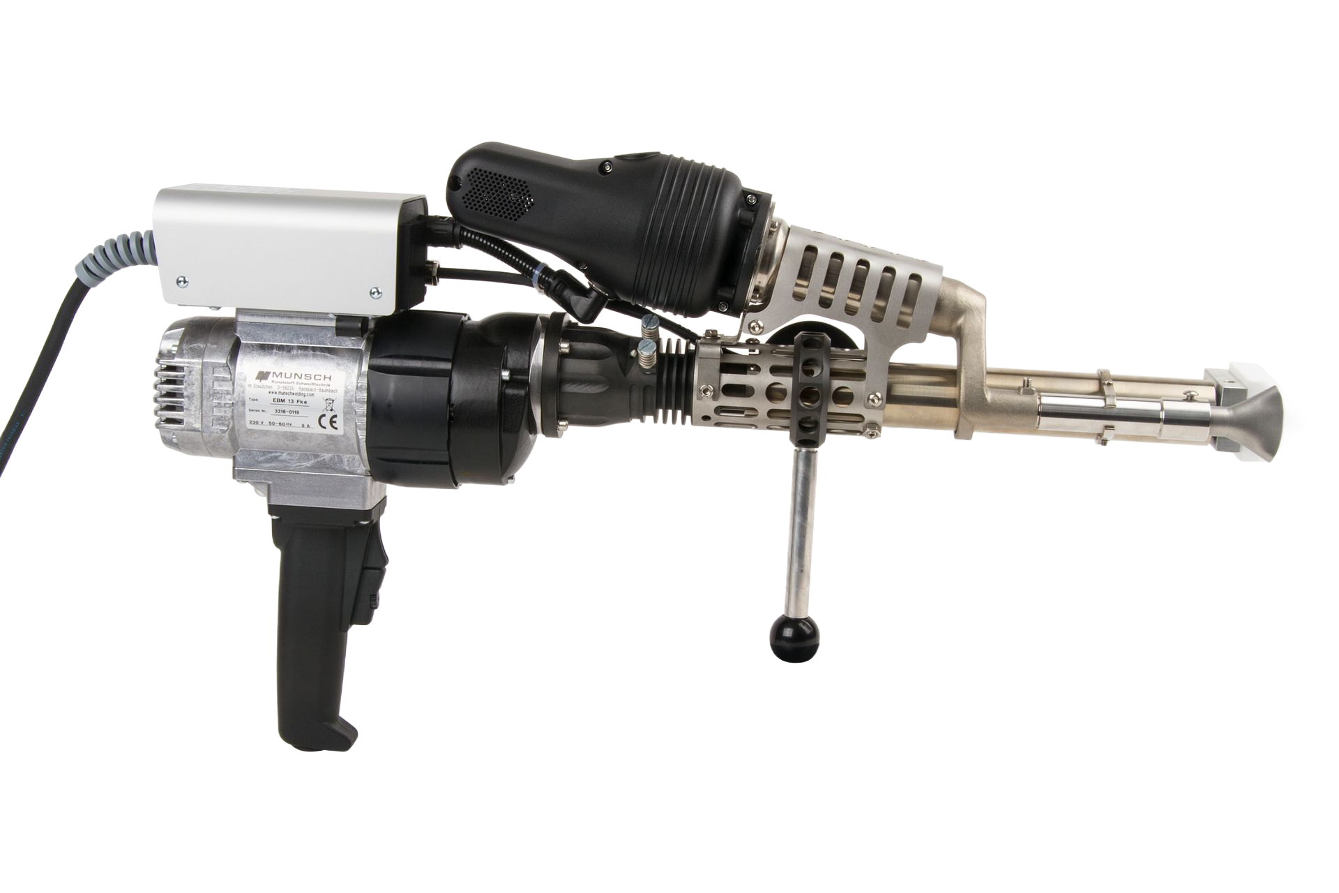 Una herramienta de soldadura portátil de plástico, de color negro y naranja, con accesorios plateados.