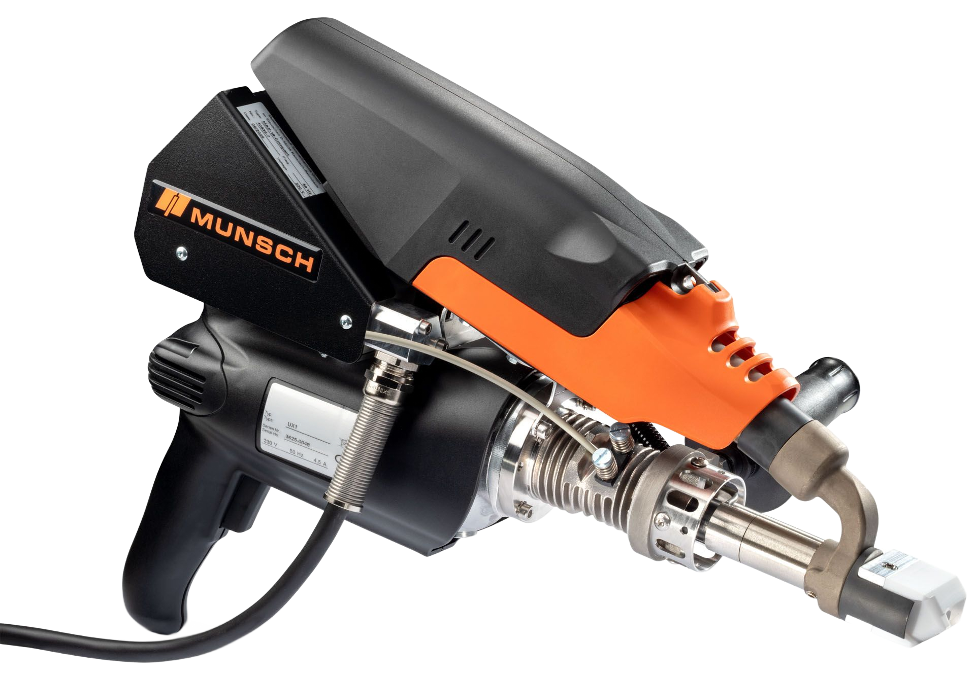 Pistola de soldar de plástico portátil Munsch, de color negro y naranja.