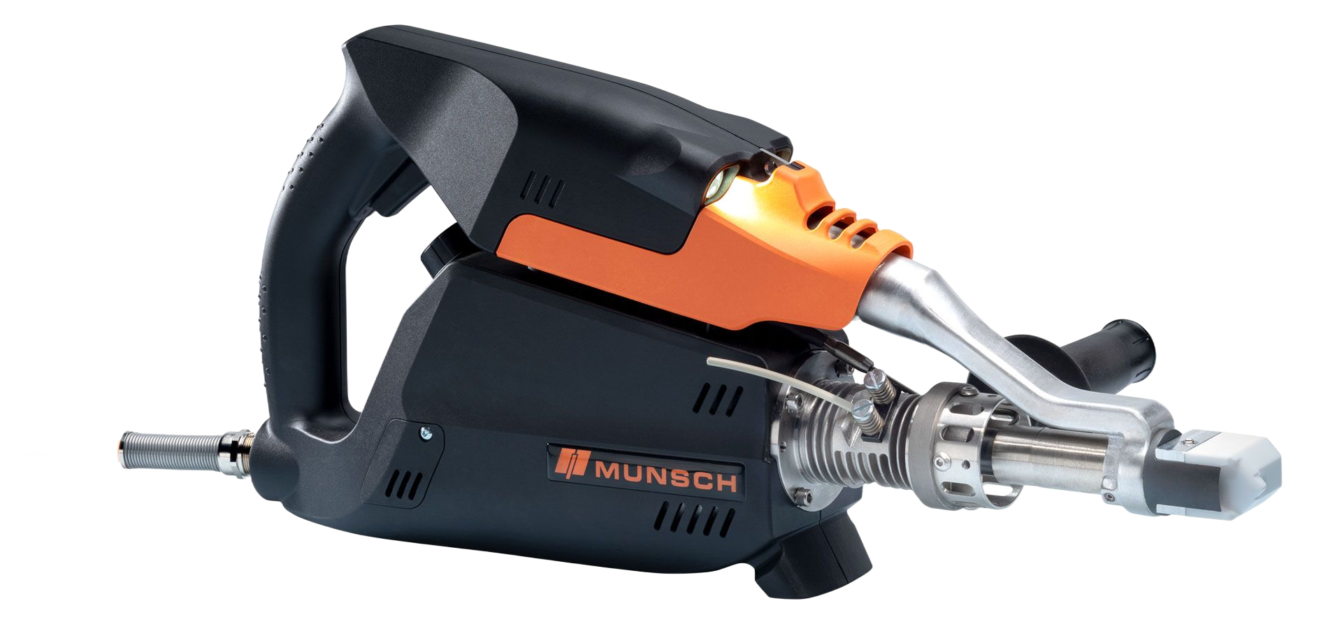 Herramienta eléctrica negra y naranja con mango. Parece ser para construcción o industria.