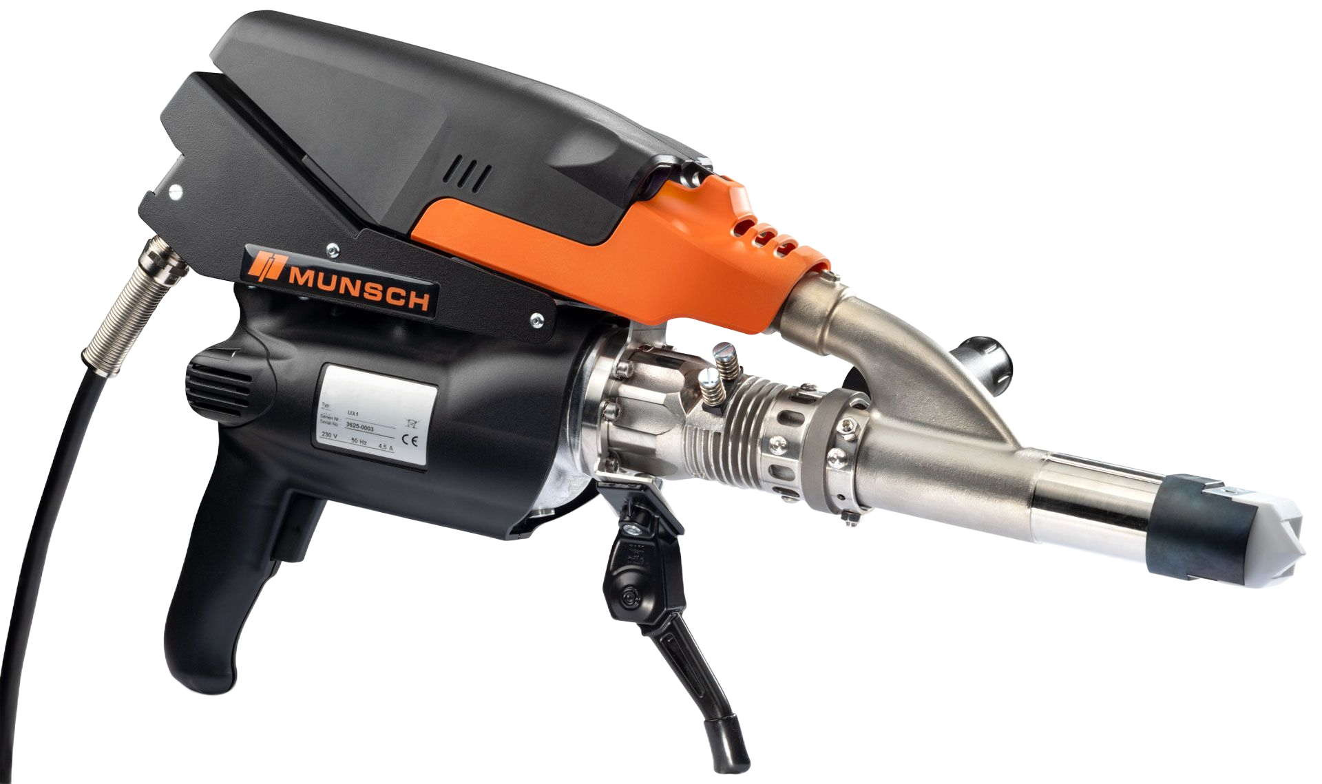 Herramienta de soldadura de plástico negro y naranja con boquilla de metal, apoyada sobre un soporte.