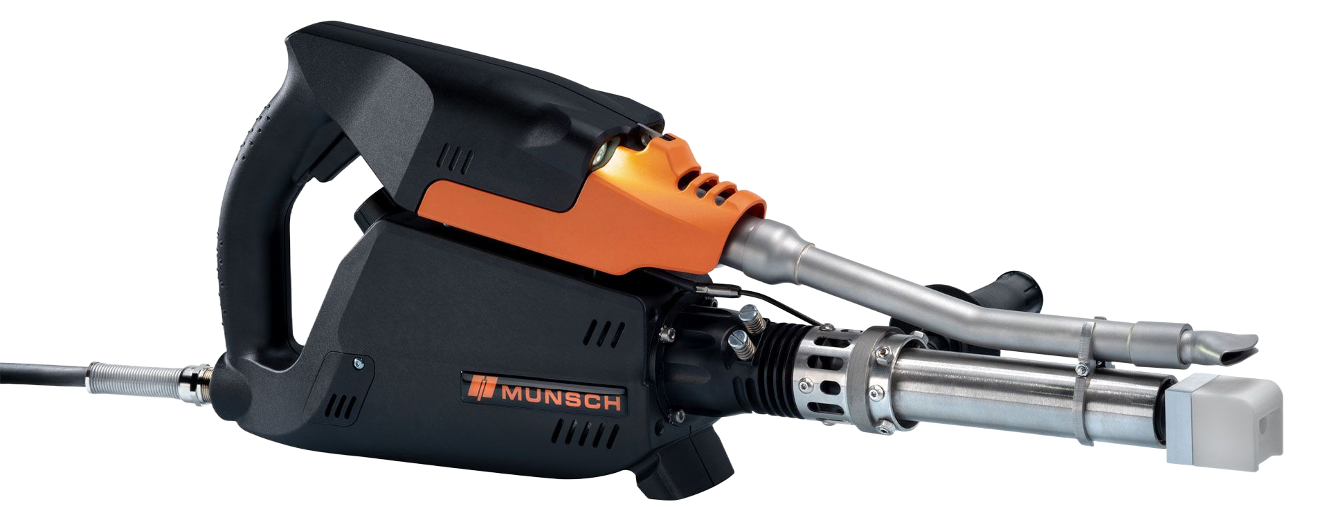 Una herramienta de soldadura portátil de plástico, de color negro y naranja, con accesorios plateados.