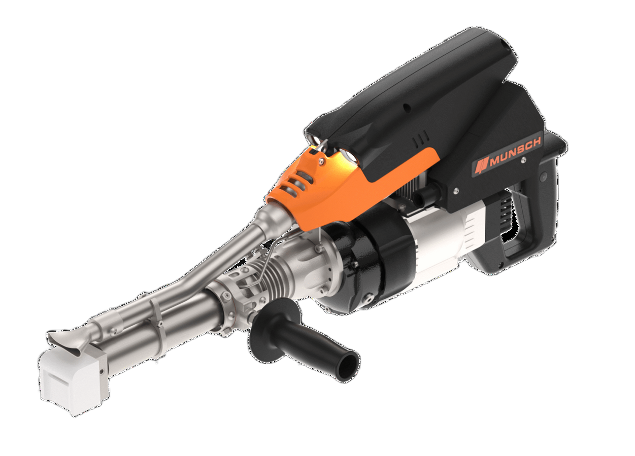 Herramienta industrial de color naranja y negro con boquilla larga y mango.