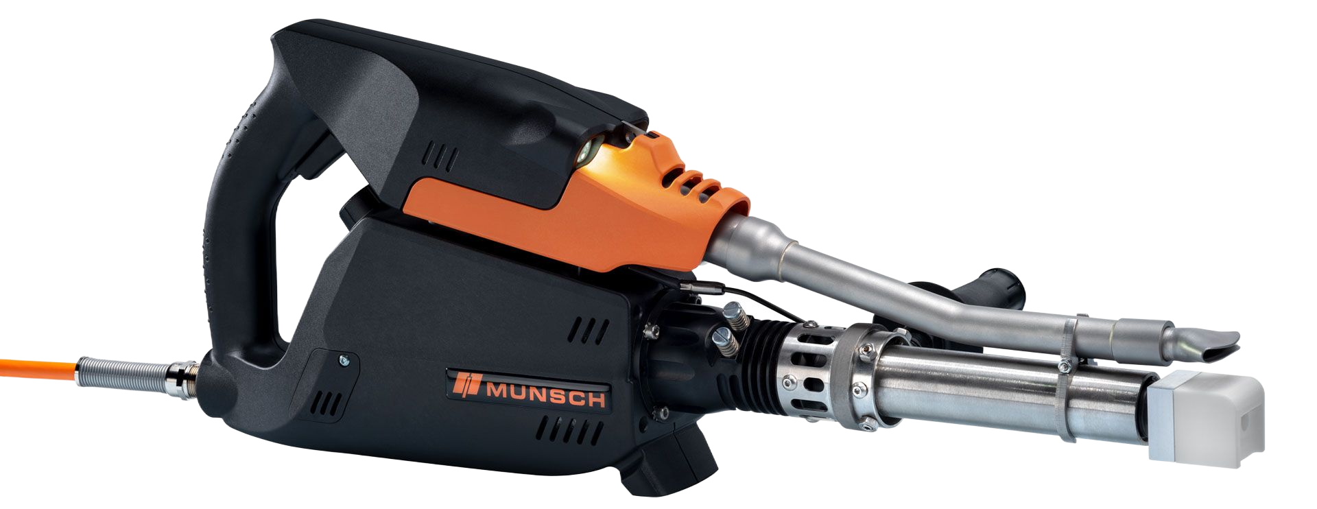 Herramienta industrial de color negro y naranja con mango curvo y boquilla plateada.