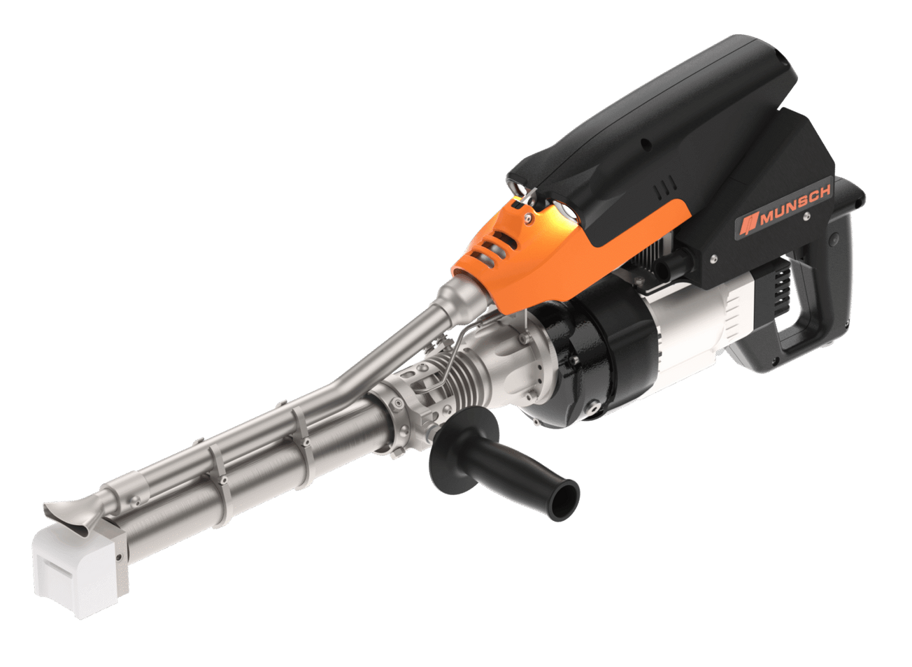 Pistola de calafateo industrial de color negro y naranja con boquilla extensible y mango.