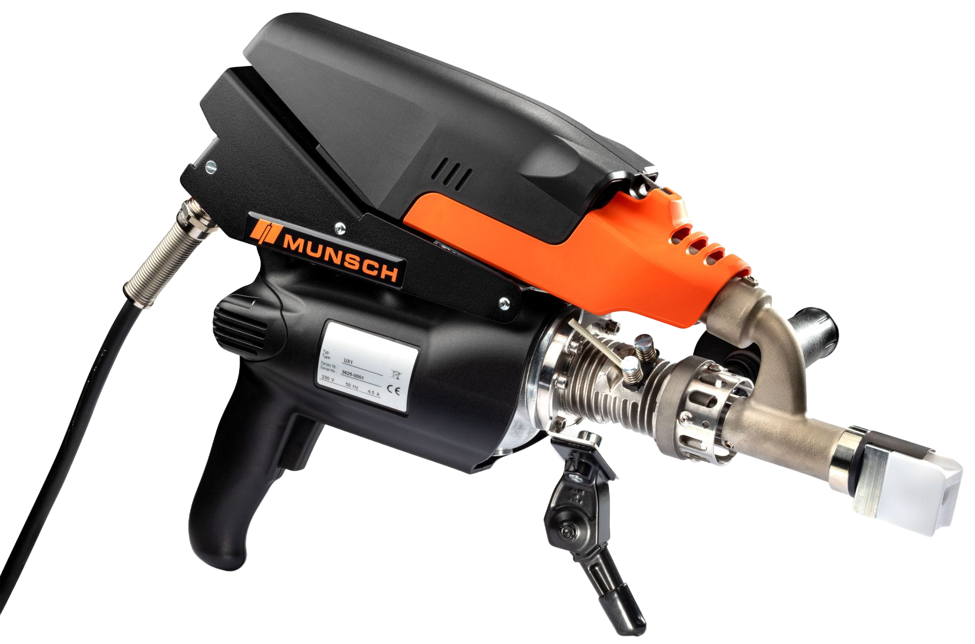 Herramienta de soldadura manual de color negro y naranja con gatillo, boquilla y cable.