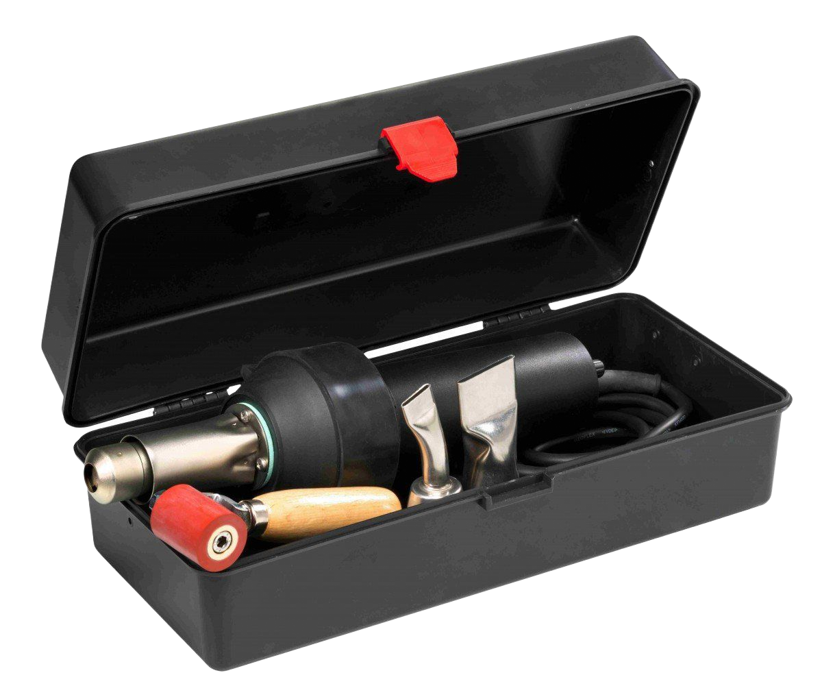 Pistola de calor en estuche negro con boquillas.