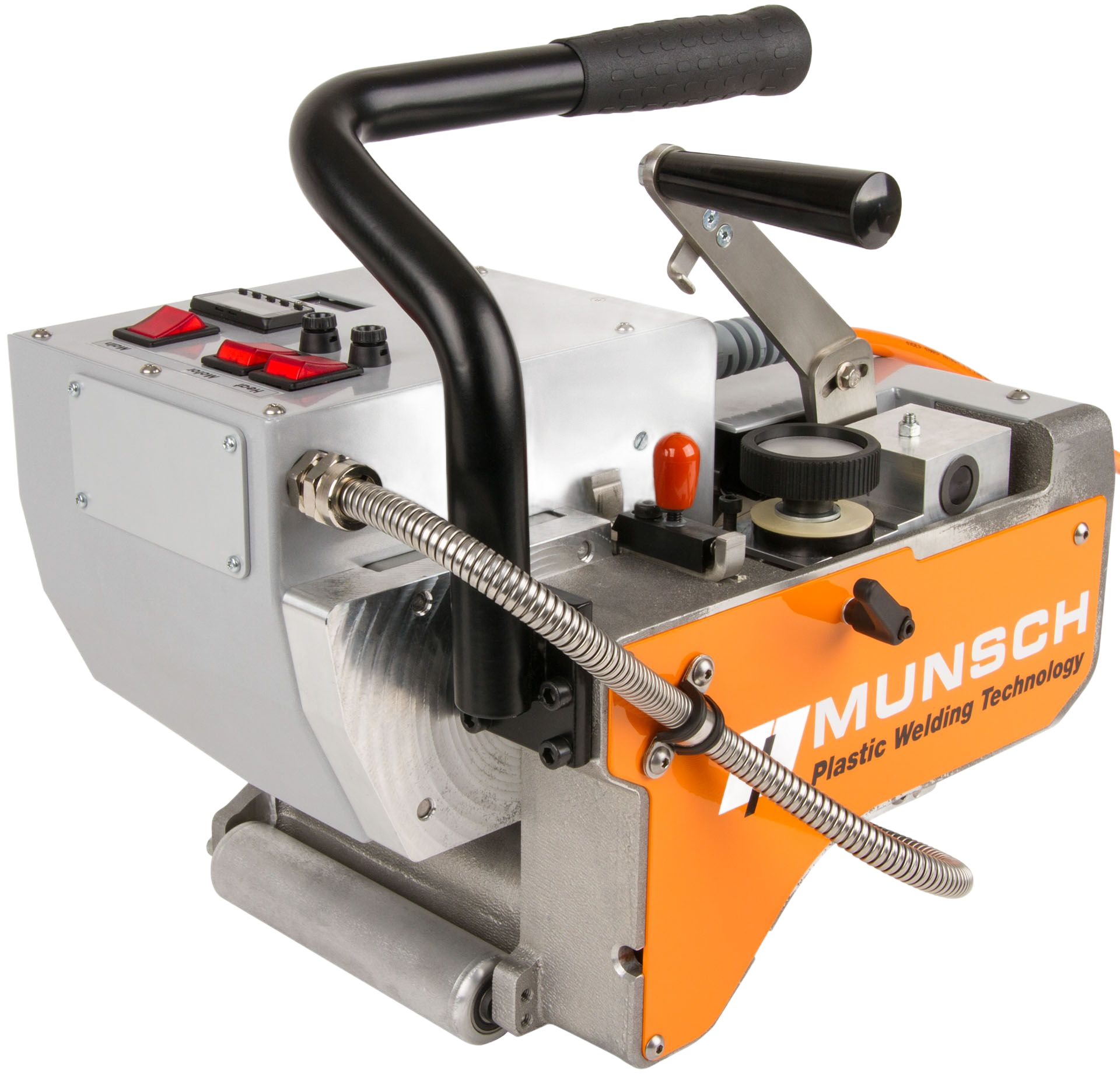 Máquina de soldar plástico Munsch de color naranja y plata con mango y controles negros.