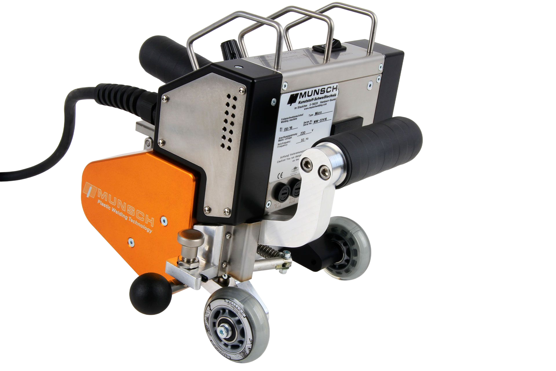 Maquina de soldar automatizada de color naranja y plata con ruedas y manijas negras.