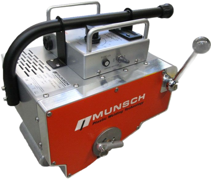 Máquina de soldar plástico Munsch de color naranja y plata con mango y palanca negros.