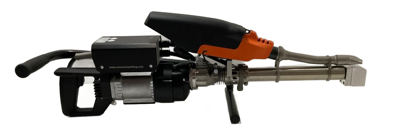 Pistola de calafateo industrial de color negro y naranja con boquilla extensible y mango.