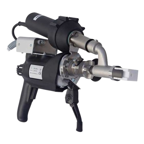 Una pistola de soldar de plástico negra y plateada con mango, boquilla y soporte.