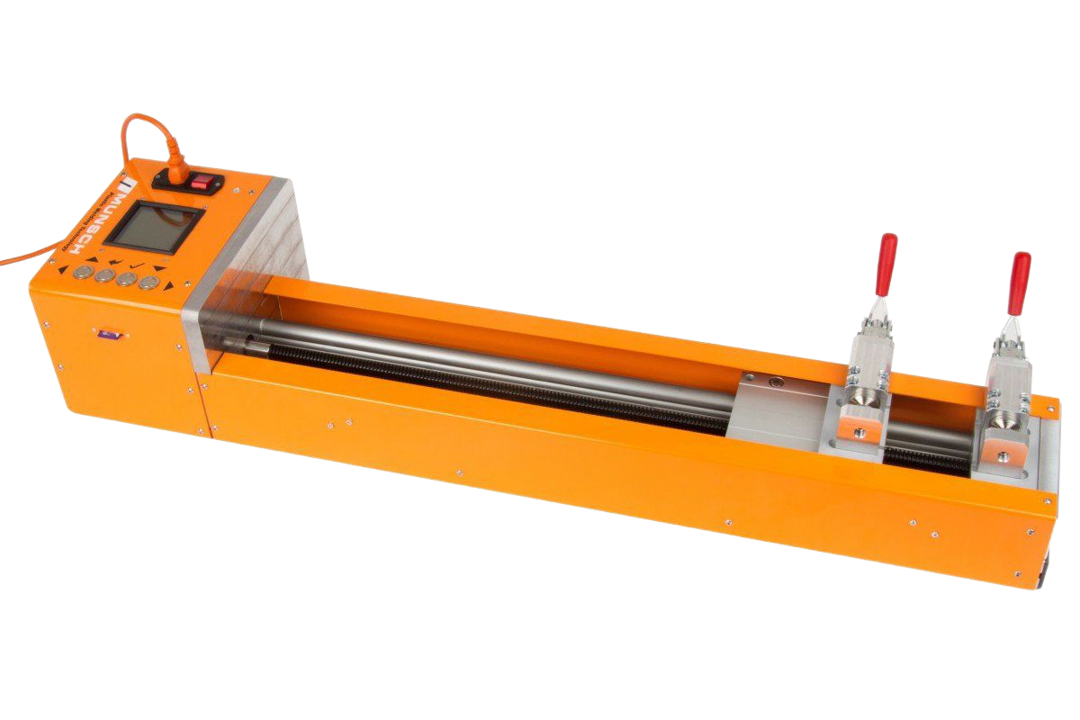 Dispositivo de prueba de color naranja con pantalla, pinzas de sujeción y cilindro central.