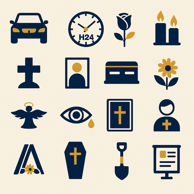 Icone relative ai funerali: auto, orologio, rosa, candele, croce, ritratto, bara, fiore, angelo, occhio, Bibbia, chierico, tenda, bara, pala, presentazione.