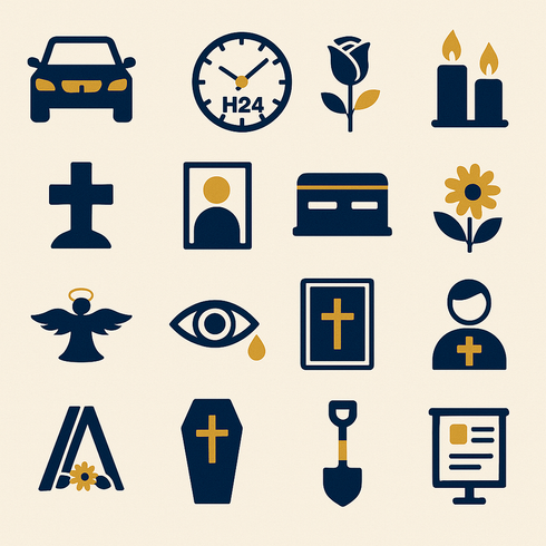 Icone relative ai funerali: auto, orologio, rosa, candele, croce, ritratto, bara, fiore, angelo, occhio, Bibbia, chierico, tenda, bara, pala, presentazione.