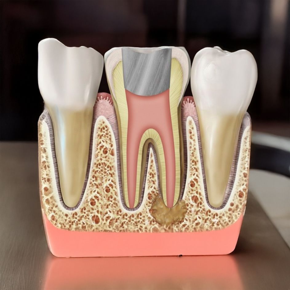 Dentist using a dental tool on a tooth, within a blue rubber dam.