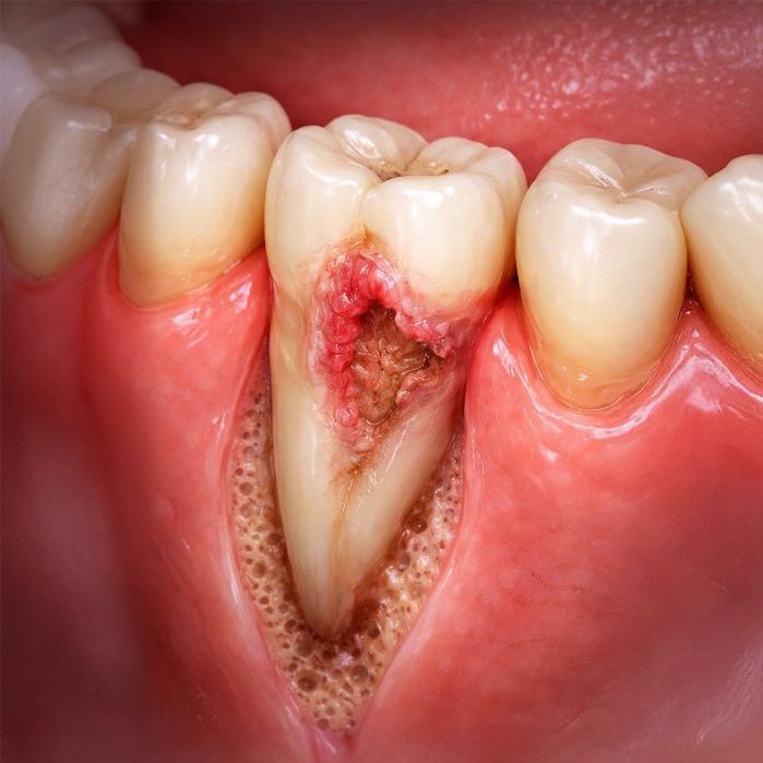 Cross-section dental diagram; tooth structure with visible roots, blood vessels, and surrounding gum tissue.