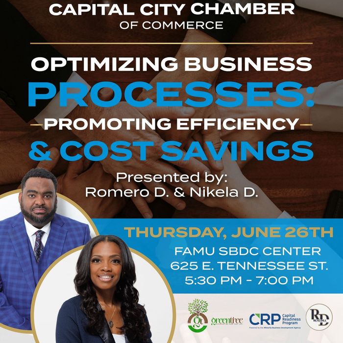 A poster for an event called optimizing business processes promoting efficiency and cost savings