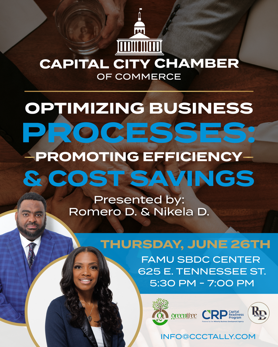 A poster for an event called optimizing business processes promoting efficiency and cost savings