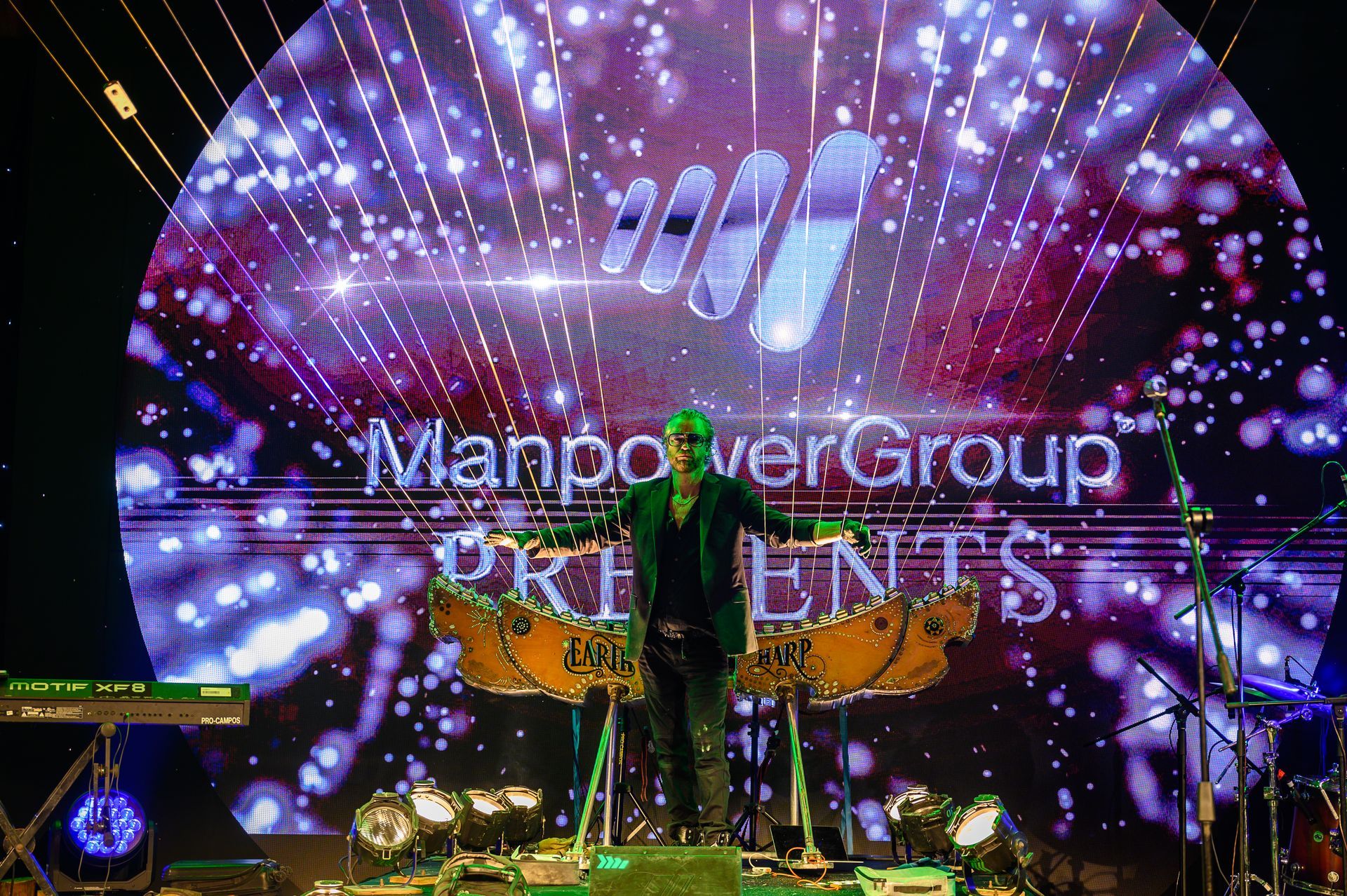 A man playing drums in front of a large screen that says manpower group presents