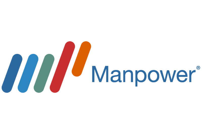 Manpower logo with blue, teal, red, and orange slanted bars beside blue text