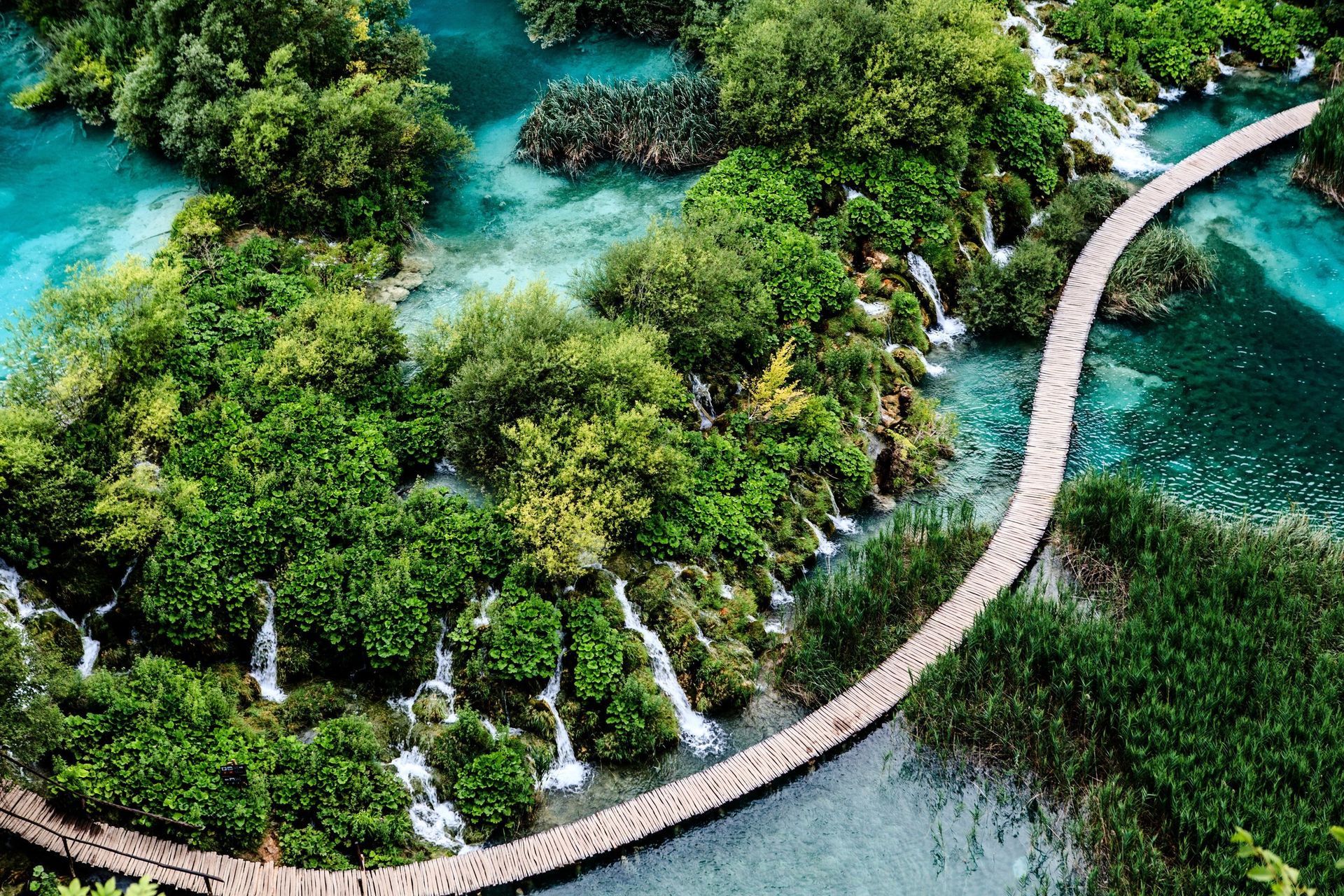 an aerial view of a wooden bridge over a lake surrounded by trees and waterfalls .