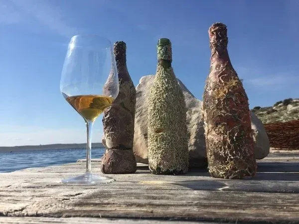 Wine glass with amber liquid, next to three encrusted bottles, on a weathered wood pier with a sea and blue sky background.