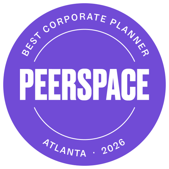 Purple circular badge reading “PEERSPACE,” with “Best Corporate Planner” and “Atlanta • 2026” around the edge