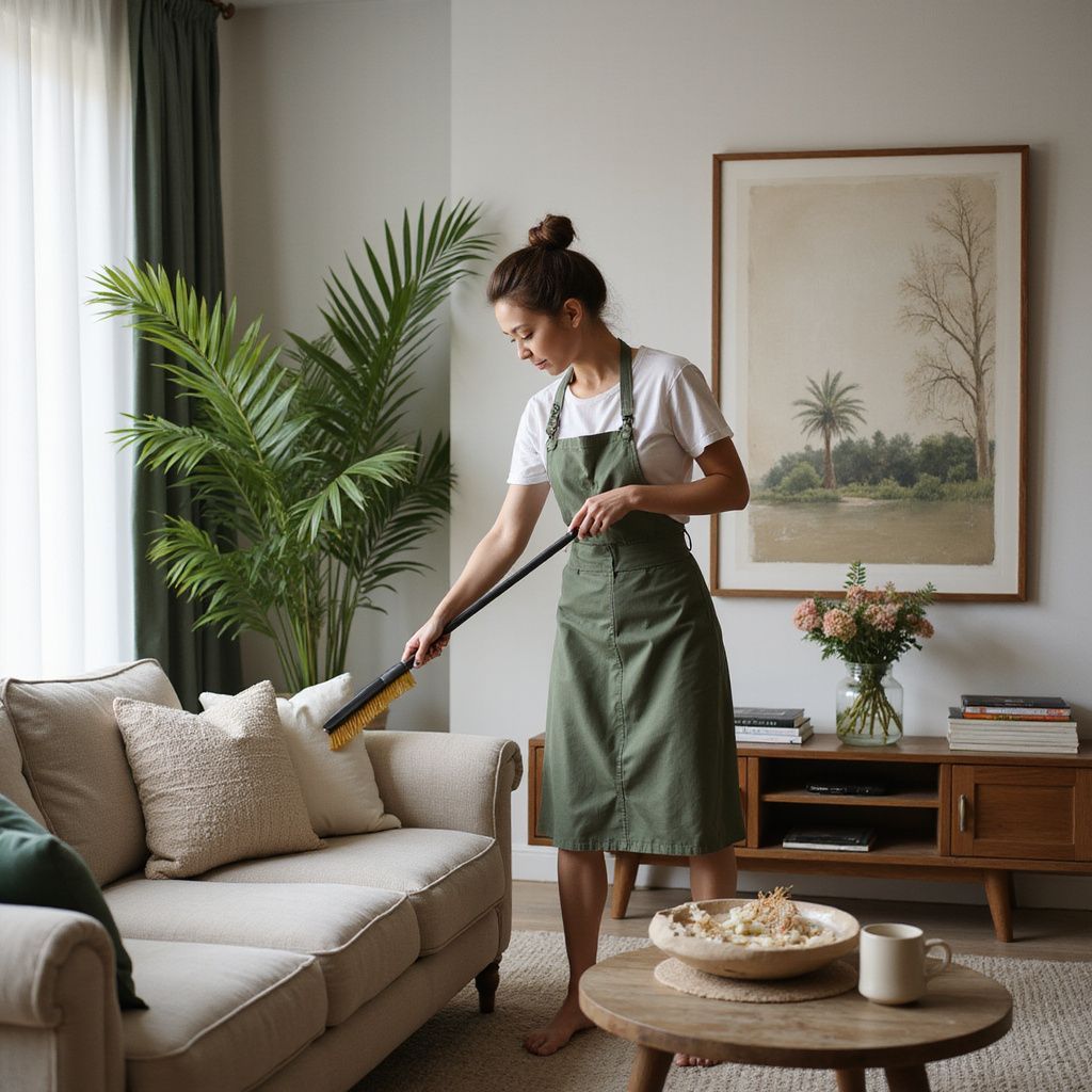 Woman in green apron dusting a living room with sofa, plant, and wooden furniture.