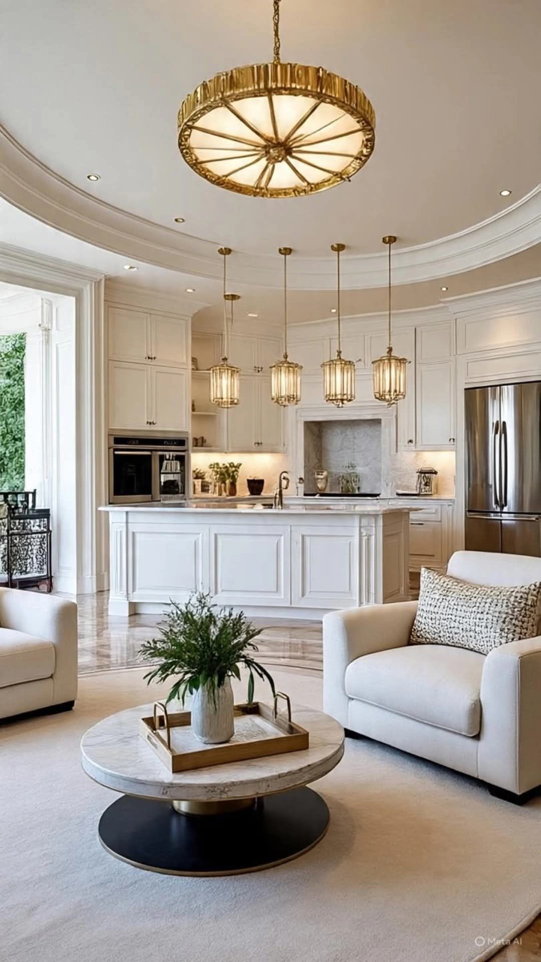 Elegant white kitchen and living area, marble accents, gold chandelier, pendant lights, and modern furniture.