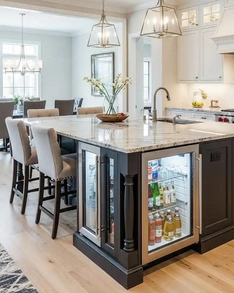 Kitchen island with built-in beverage cooler. Granite countertop, dark cabinets, and light wood floors.