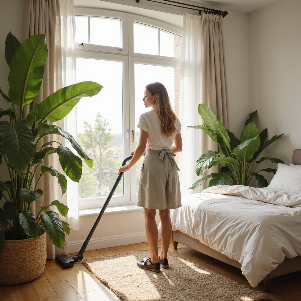 Woman vacuuming a bedroom with large windows and plants.