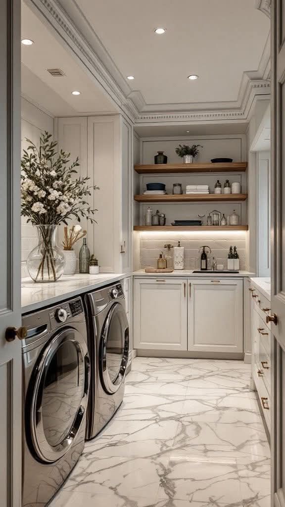 Elegant laundry room with marble floors, washer/dryer, built-in cabinets, and decorative shelves.