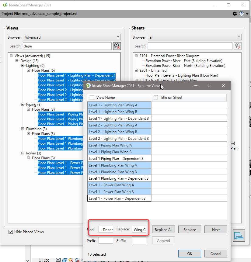 The Find/Replace option in Ideate SheetManager for Revit